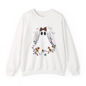 Ghostly Floral Crewneck Sweatshirt, Cozy Halloween Sweater, Unisex Fall